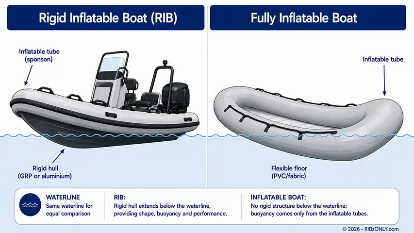 Diagram comparing a Rigid Inflatable Boat hull to a fully inflatable boat floor @ RIBs ONLY - Home of the Rigid Inflatable Boat