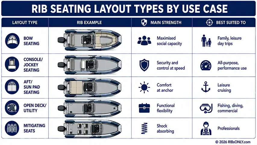 RIB Seating Layouts Explained RIB seating layout types by use case @ RIBs ONLY - Home of the Rigid Inflatable Boat