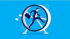 Cartoon of a businessman running in a wheel like you find in animal cages.