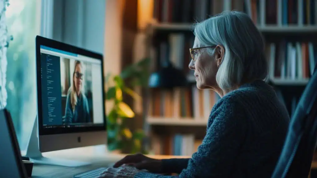 A woman sitting in front of her computer taking an online course.