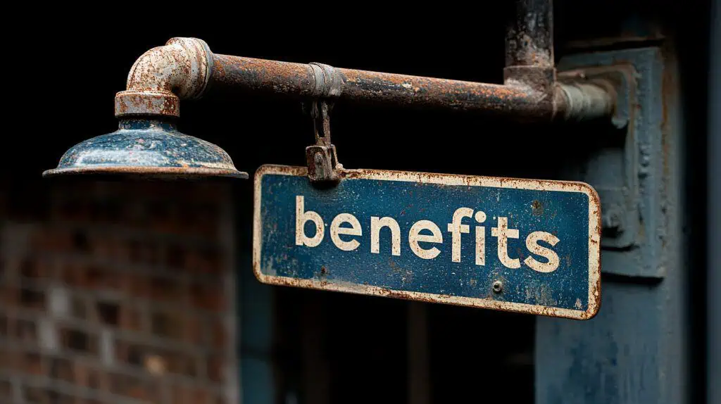 A sign displaying the word “benefits"