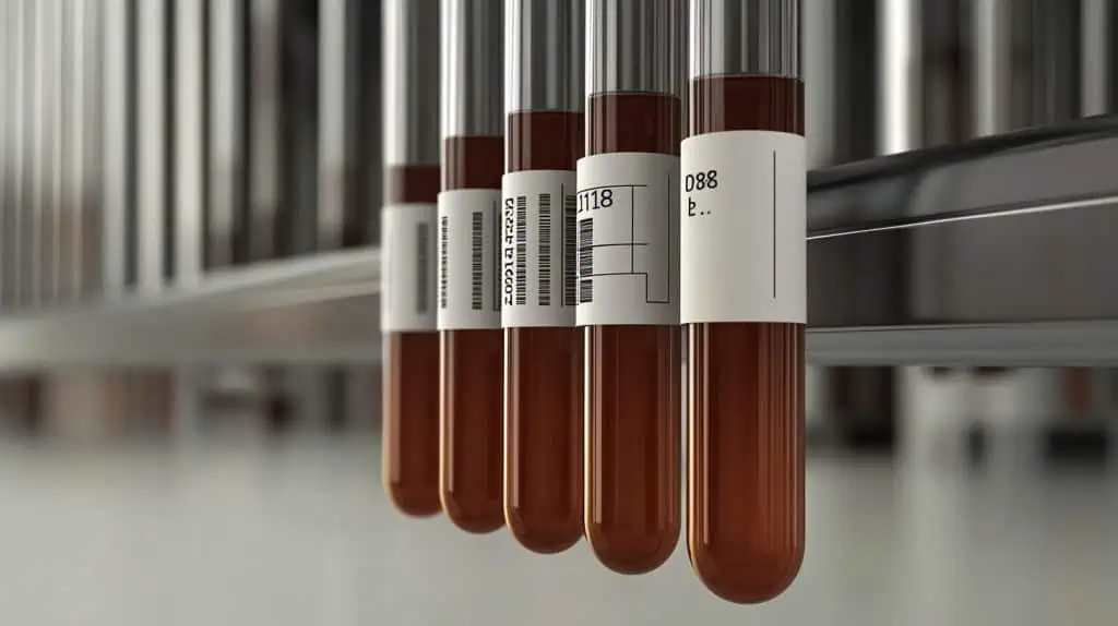 Test tubes containing blood tests hanging on a rack in a laboratory