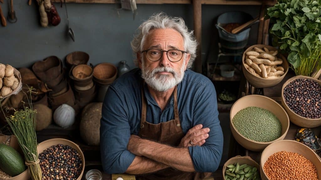 Legumes An older man surrounded by legumes