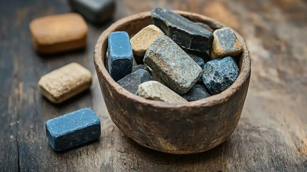 A collection of minerals in a bowl on a dining table