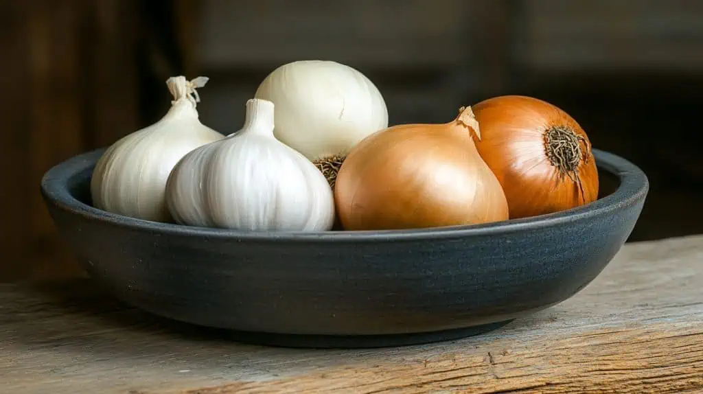 A bowl of onions and garlic bulbs