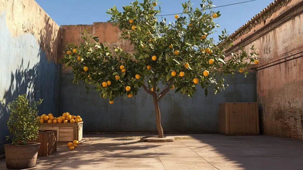 An orange tree next to a big box of oranges