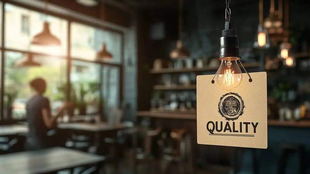 A sign hanging in a store that says “quality"
