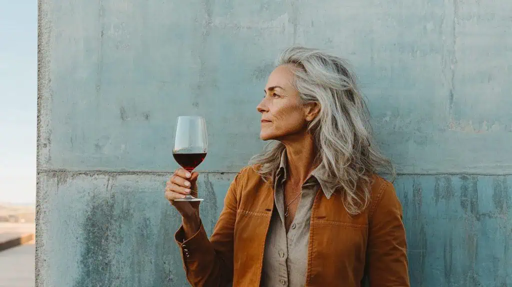 A middle-aged woman holding a glass of red wine