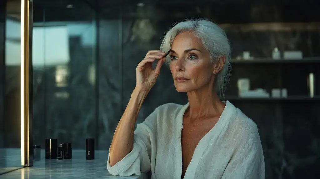 A senior woman looking at herself in the mirror as she plucks her eyebrows
