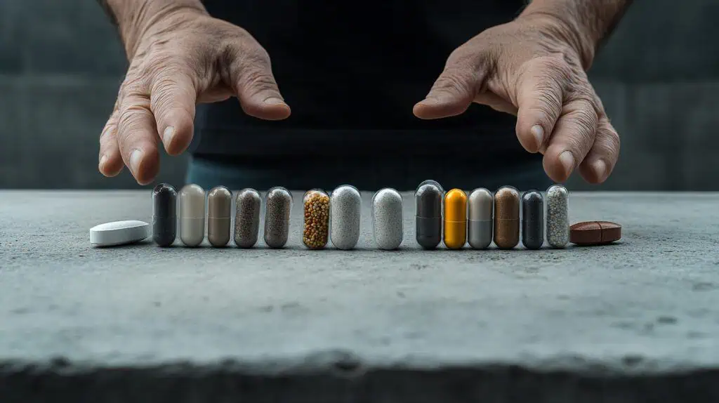 A long row of supplements cupped by the hands of a senior