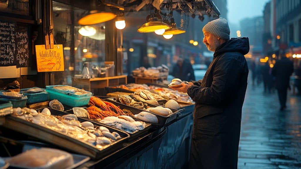 Shellfish A senior is choosing which shellfish to buy at a market