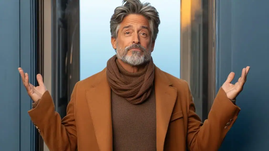 a man in his 50s shrugging his shoulders, arms outstretched