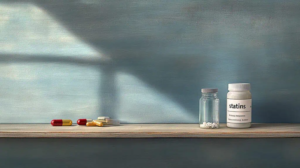 A bottle of statins next to a bottle of vitamins on a shelf to represent how much supplement dosage seniors should take