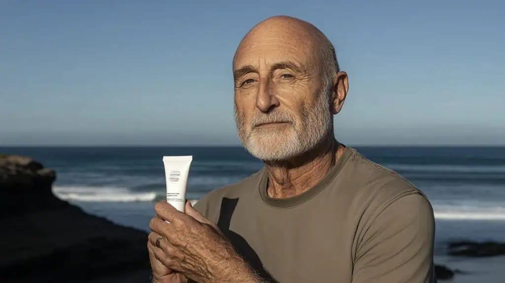 A middle-aged man applying sunscreen to his bald head