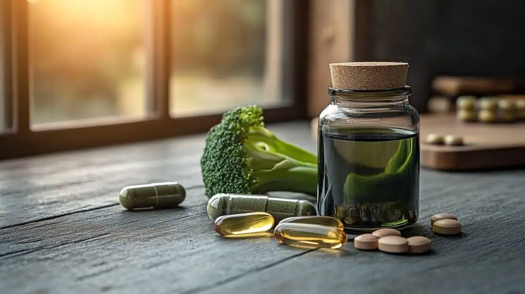 Some fresh broccoli next to some supplement capsules on a kitchen table