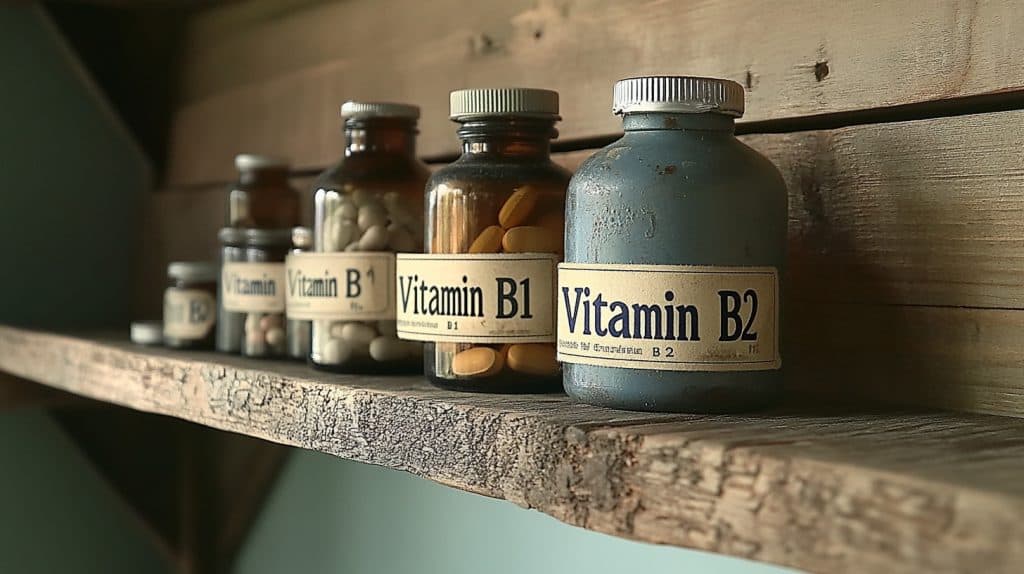 Vitamin B A shelf holding bottles containing multiple types of vitamin B