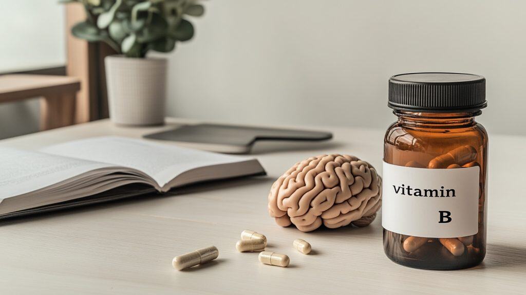 Vitamin brain A bottle of vitamin B supplement capsules next to a model of the human brain