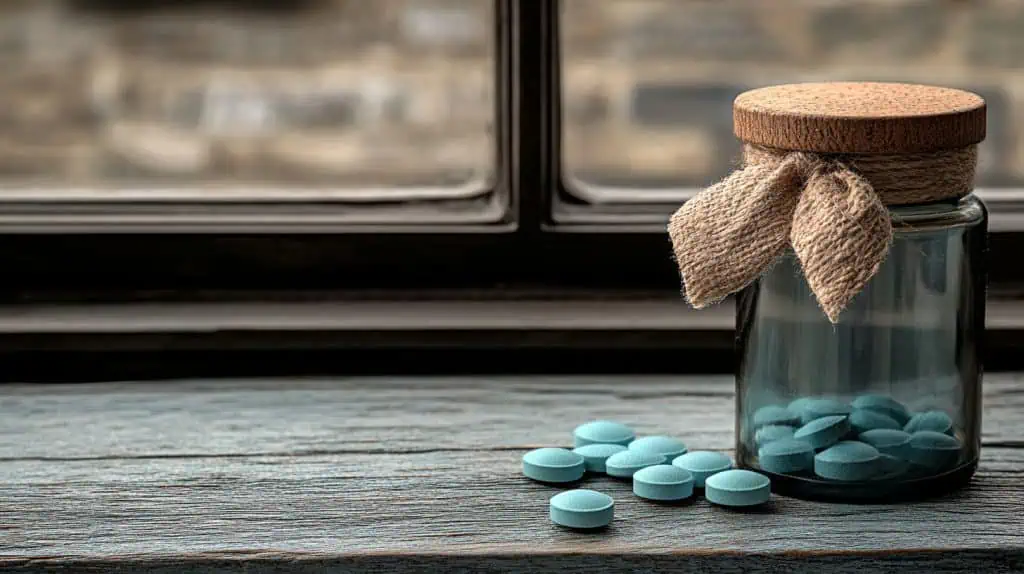 A bottle of Warfarin tablets in a medicine bottle on a table at home