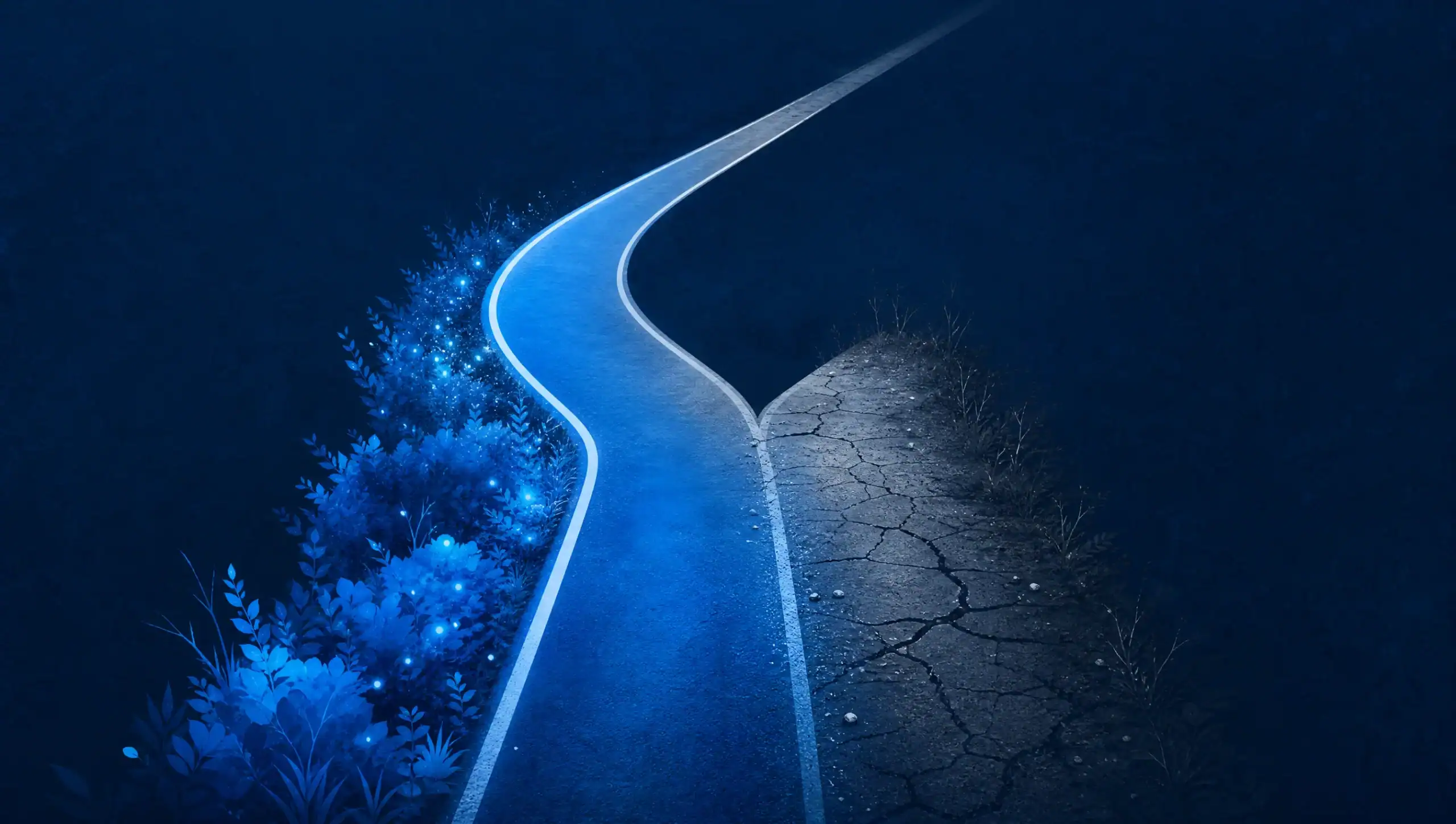 Conceptual editorial illustration of a single continuous path that begins vividly lit and healthy in the foreground and gradually turns cracked and worn as it continues into the distance, representing the gap between healthy years and remaining years of life