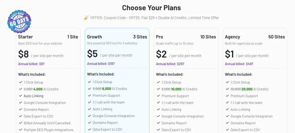 Screenshot of the Link Whisper pricing page