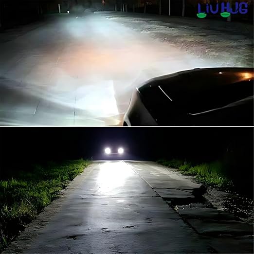Bright headlights illuminating a dark rural road during night riding.