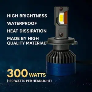 Bright LED Headlight Bulb with high brightness, waterproof design, heat dissipation, 300W power, 150W per headlight, high-quality materials, ideal for motorcycle and car lighting, Ride India Ride.