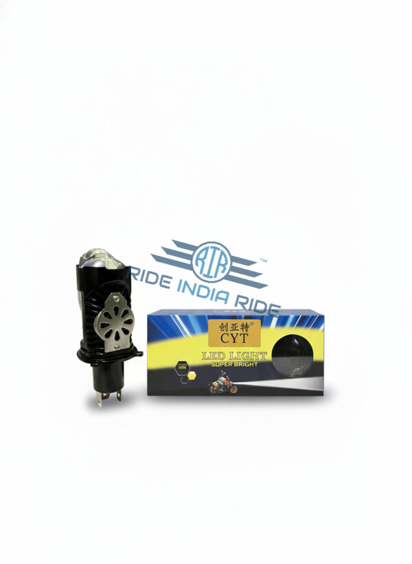 Bright LED motorcycle headlight bulb with packaging, designed for enhanced visibility and safety, featured in Ride India Ride promotional image.