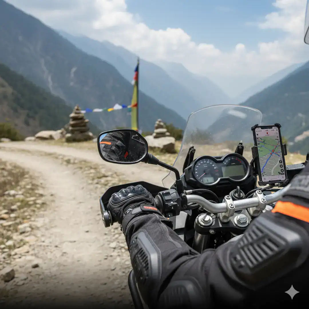 Motorcycle riding on mountain trail in India with scenic views and GPS navigation, promoting adventure and exploration through Ride India Ride.