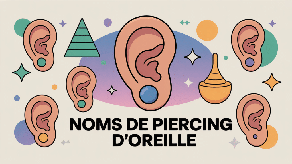 Schéma coloré montrant chaque nom de piercing oreille sur illustration centrale