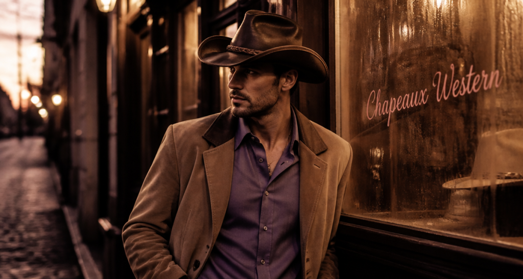 Homme élégant avec chapeau cowboy homme cuir