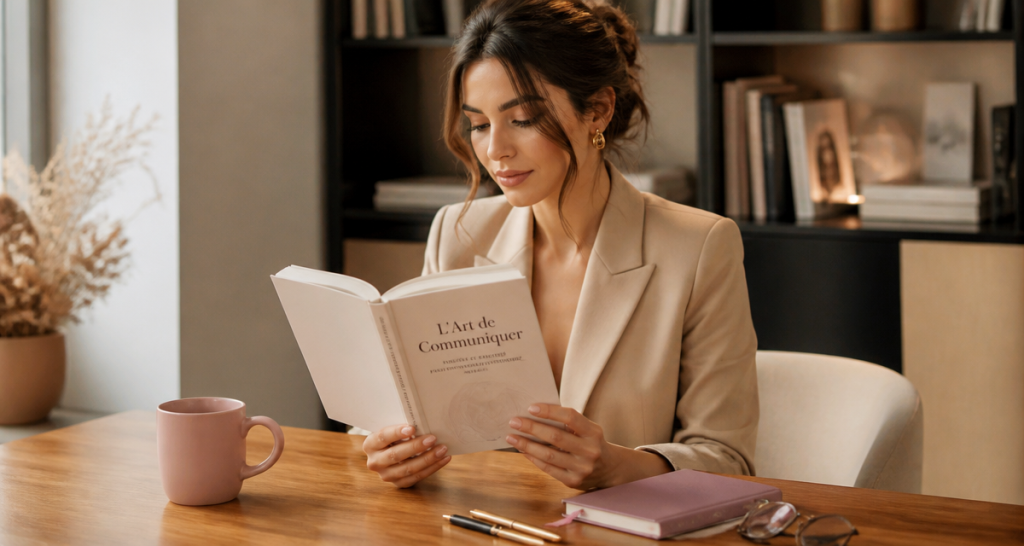 Jeune femme lit un livre sur la communication