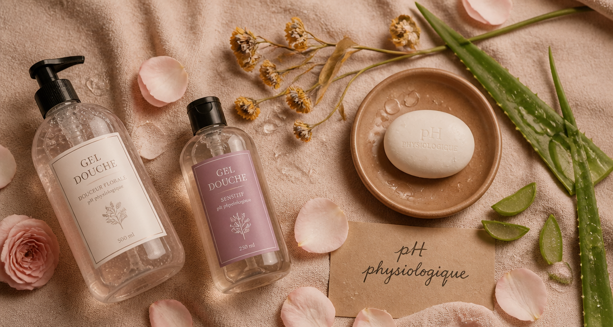 Meilleur gel douche pH neutre sur serviette avec galet et pétales