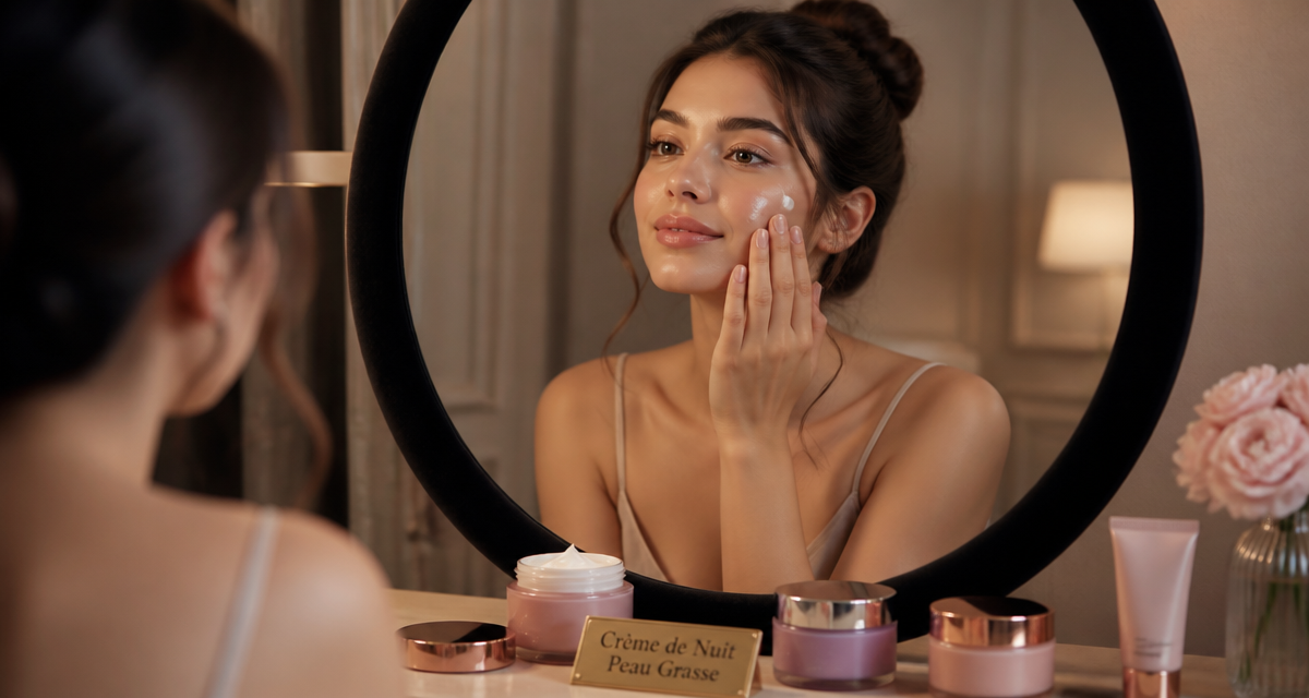 Femme applique crème de nuit peau grasse devant miroir