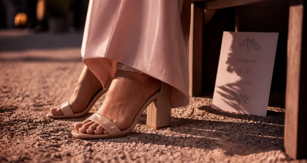 Quelle chaussure avec une combinaison pour un mariage : sandales nude sur gravier