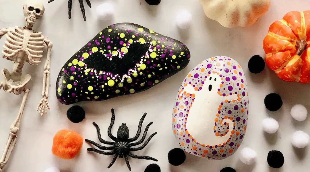 Spooktacular Halloween Dot Art: Fun Rock Painting Craft for Kids! 3 halloween dot art painted rocks of a ghost and bat