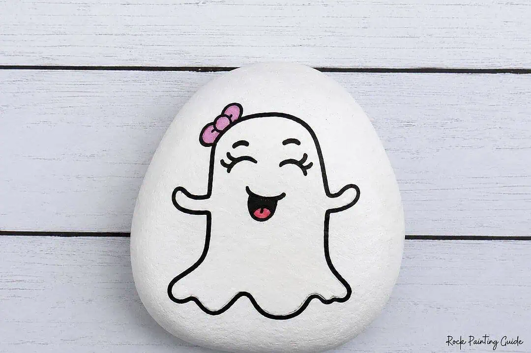 Easy Ghost Painted Rocks: Cute Ghost Emoji Rock Painting Tutorial 7 outline the ghost face