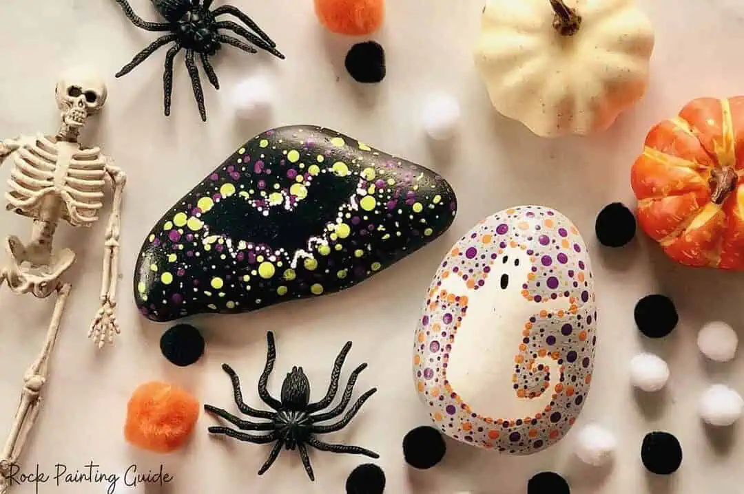 31+ Halloween Rock Painting Ideas: Easy, Cute & Spooky Painted Rocks 7 ghost and bat dot art painted rocks