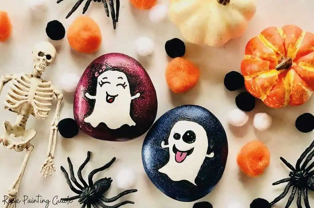 31+ Halloween Rock Painting Ideas: Easy, Cute & Spooky Painted Rocks 9 ghost emoji painted rocks