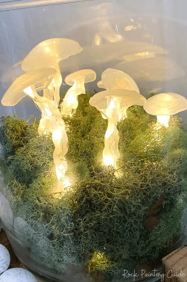 Easy DIY Mushroom Lights with Just Hot Glue and Fairy Lights! 9 diy mushroom lights in clear glass vase