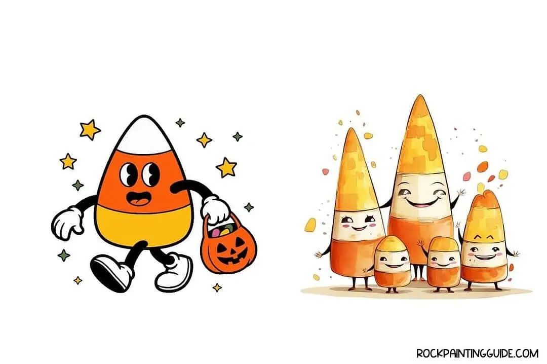100+ Easy Fall Drawing Ideas + Step-by-Step Tutorials 7 Colorful candy corn characters with faces and costumes for Halloween.
