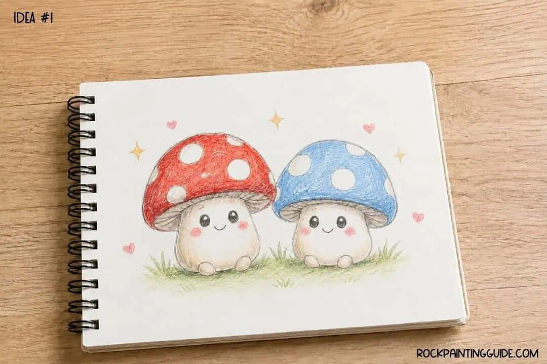 35+ Mushroom Drawing Ideas: Cute, Easy & Whimsical 4 Cute mushroom illustrations with smiling faces and cottagecore vibe mushroom drawing ideas.