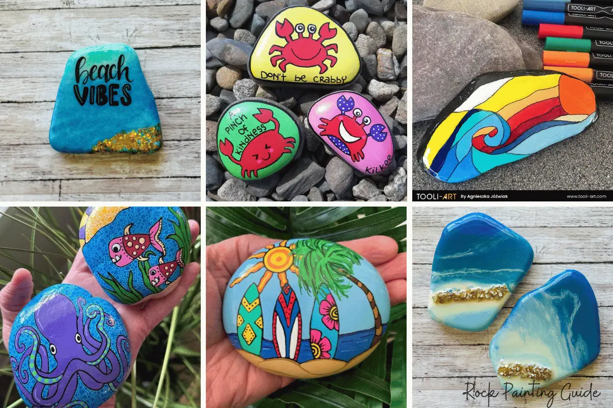 100+ Fun in the Sun Summer Rock Painting Ideas for All Ages! 3 fun summer rock painting ideas: beach rocks, crab painted rocks, surfboards, sealife, and sunset ideas.