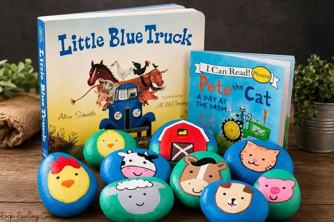 100+ Easy Summer Rock Painting Ideas for Kids and Beginners 58 farm animal painted rocks with books
