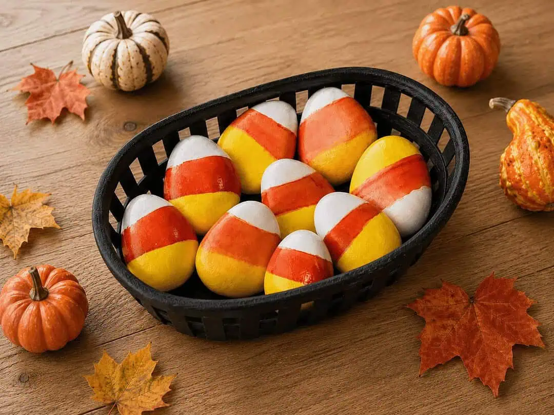 Candy Corn Painted Rocks: Easy Alcohol Ink Rock Painting Tutorial 8 candy corn painted rocks in a black basket around mini pumpkins on a wooden table
