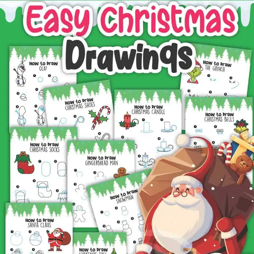 Home 11 Easy Christmas drawings for kids featuring Santa, gingerbread man, snowman, and Christmas candles.