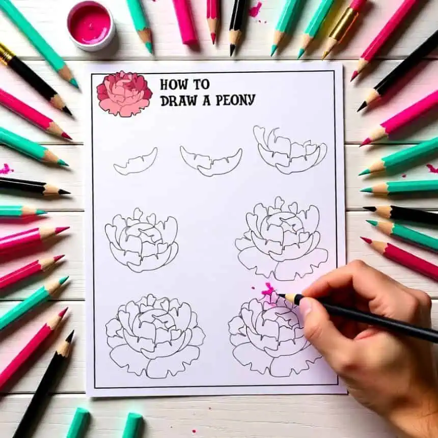 How to Draw a Peony (Easy Step-by-Step Drawing) 3 Step-by-step guide to drawing a peony flower for rock painting.