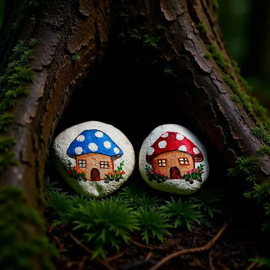 Cute Mushroom House Painted Rocks: Easy Fairy Garden DIY 3 mushroom house painted rocks inside a tree trunk