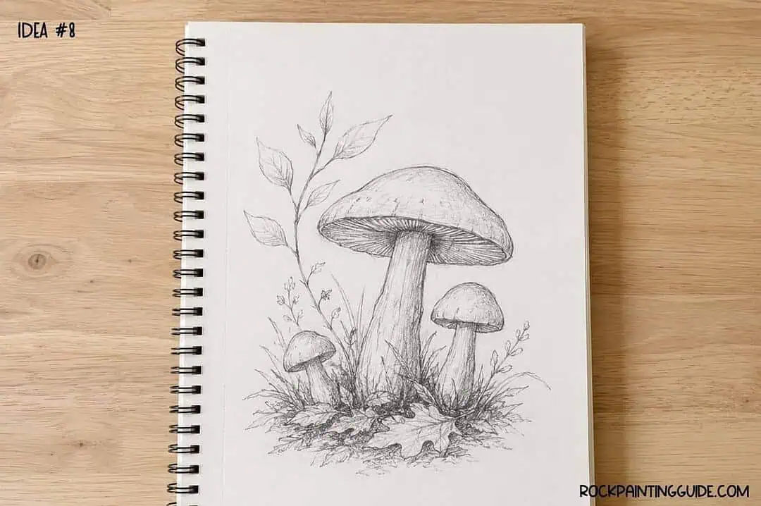 35+ Mushroom Drawing Ideas: Cute, Easy & Whimsical 11 Pencil sketch of mushrooms and plants for rock painting design.