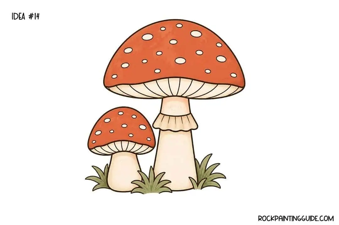 35+ Mushroom Drawing Ideas: Cute, Easy & Whimsical 23 Illustration of two orange mushrooms with white spots and beige stems.