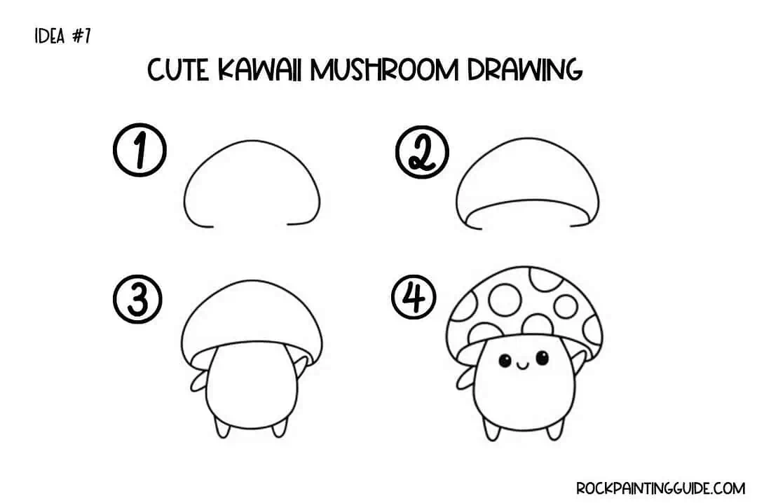 35+ Mushroom Drawing Ideas: Cute, Easy & Whimsical 10 Step-by-step kawaii mushroom drawing tutorial for rock painting.